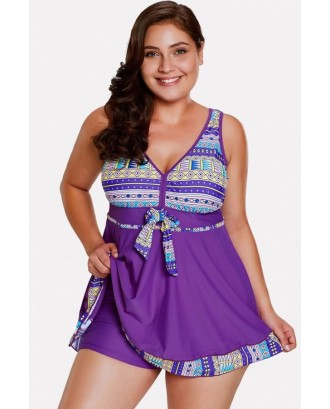 Purple Tribal Print Crisscross Ruffles Hem Beautiful Tankini Swimsuit