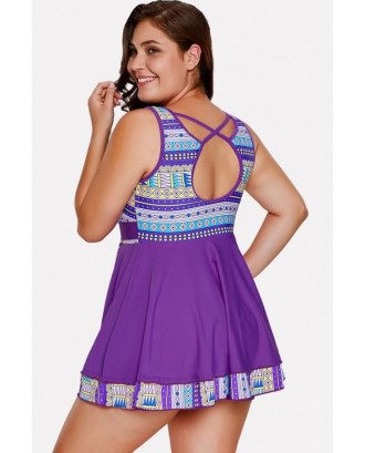 Purple Tribal Print Crisscross Ruffles Hem Beautiful Tankini Swimsuit