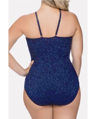 Dark-blue Crochet Lace Splicing Beautiful Plus Size One Piece Swimsuit