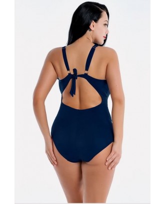 Dark-blue Wrap Ruched Backless Beautiful Plus Size One Piece Swimsuit