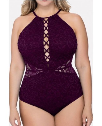 Purple Crochet Lace Splicing Beautiful Plus Size One Piece Swimsuit
