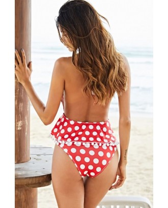 Red Polka Dot Halter Backless Pom Pom Beautiful Plus Size Swimsuit