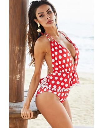 Red Polka Dot Halter Backless Pom Pom Beautiful Plus Size Swimsuit