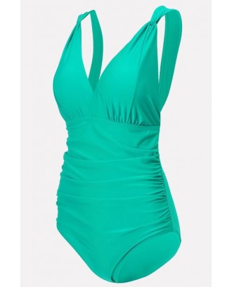 Light-green V Neck Ruched Padded Beautiful One Piece Swimsuit