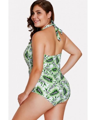 Green Leaf Print Halter Padded Beautiful One Piece Swimsuit