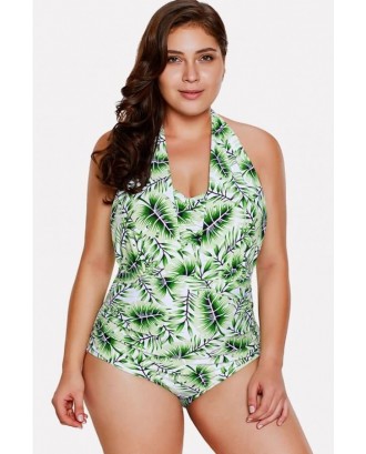 Green Leaf Print Halter Padded Beautiful One Piece Swimsuit
