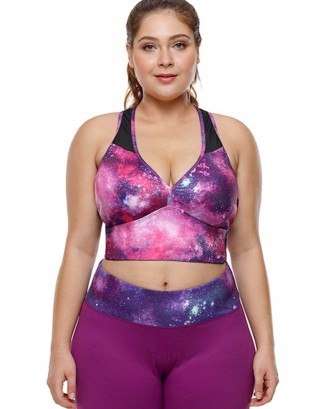 Purple Galaxy Print Mesh Splicing Push Up Plus Size Yoga Sports Bra