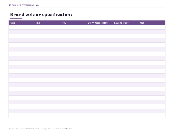 Preview of Printable Brand Colour Spec Sheet